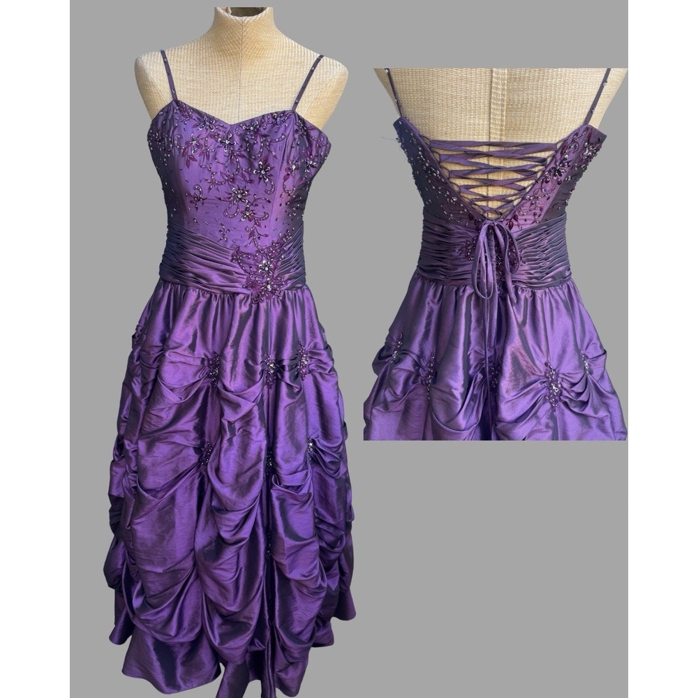 90s Y2K Vintage Juliet Ruffle Corset‎ Gown Formal Prom Dress Purple Beaded Small
